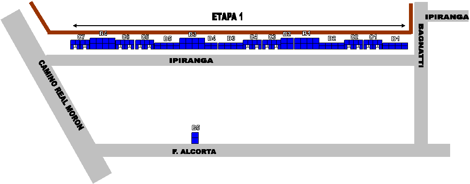 D1,D2
,D3
,D4
,D5
,C1,C2,C3,C4,C5,C6,C7,B1
,B2
,B3
,B4
,CAMINO REAL MORON,IPIRANGA,BAGNATTI,F. ALCORTA,IPIRANGA,ETAPA 1,B5
