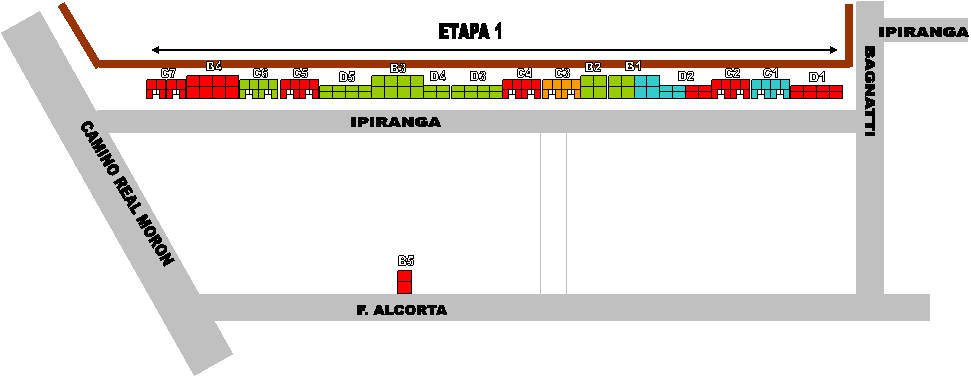 D1,D2
,D3
,D4
,D5
,C1,C2,C3,C4,C5,C6,C7,B1
,B2
,B3
,B4
,CAMINO REAL MORON,IPIRANGA,BAGNATTI,F. ALCORTA,IPIRANGA,ETAPA 1,B5

