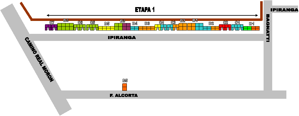 D1,D2
,D3
,D4
,D5
,C1,C2,C3,C4,C5,C6,C7,B1
,B2
,B3
,B4
,CAMINO REAL MORON,IPIRANGA,BAGNATTI,F. ALCORTA,IPIRANGA,ETAPA 1,B5
