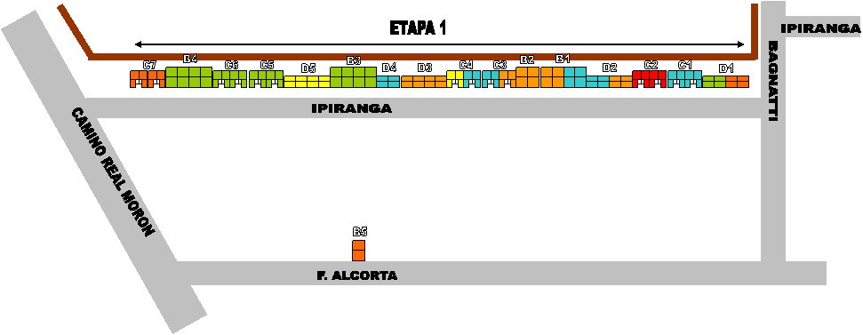 D1,D2
,D3
,D4
,D5
,C1,C2,C3,C4,C5,C6,C7,B1
,B2
,B3
,B4
,CAMINO REAL MORON,IPIRANGA,BAGNATTI,F. ALCORTA,IPIRANGA,ETAPA 1,B5
