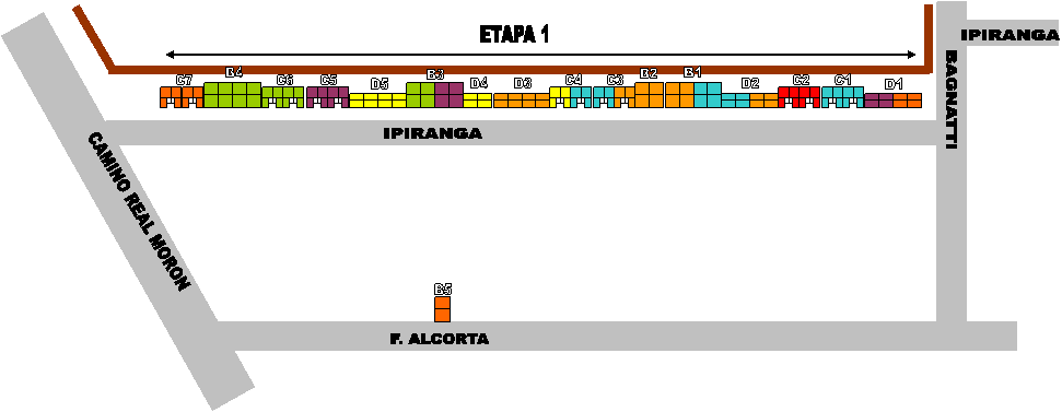 D1,D2
,D3
,D4
,D5
,C1,C2,C3,C4,C5,C6,C7,B1
,B2
,B3
,B4
,CAMINO REAL MORON,IPIRANGA,BAGNATTI,F. ALCORTA,IPIRANGA,ETAPA 1,B5
