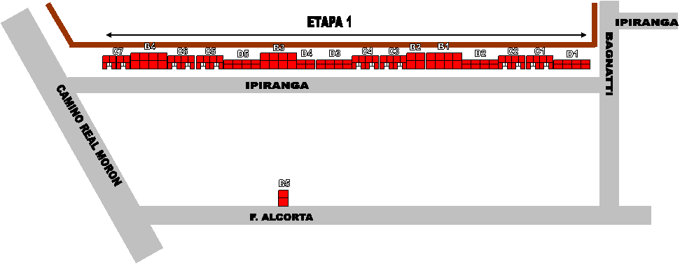 D1,D2
,D3
,D4
,D5
,C1,C2,C3,C4,C5,C6,C7,B1
,B2
,B3
,B4
,CAMINO REAL MORON,IPIRANGA,BAGNATTI,F. ALCORTA,IPIRANGA,ETAPA 1,B5
