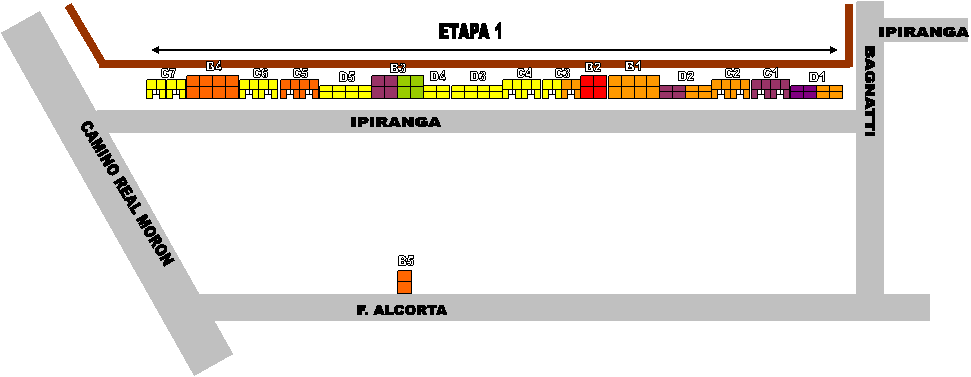 D1,D2
,D3
,D4
,D5
,C1,C2,C3,C4,C5,C6,C7,B1
,B2
,B3
,B4
,CAMINO REAL MORON,IPIRANGA,BAGNATTI,F. ALCORTA,IPIRANGA,ETAPA 1,B5
